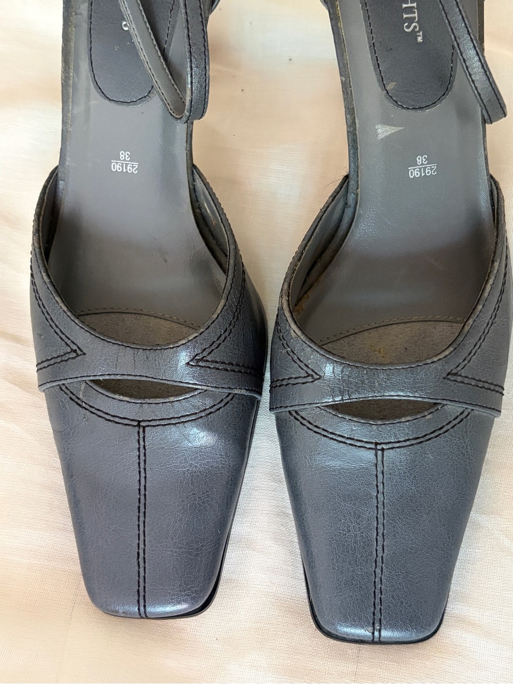 Highlights Gray Square Toe Ankle Strap Heels Size 38 US 7 Y2K Style